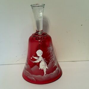 MARY GREGORY VINTAGE BELL CRANBERRY RED GLASS WHITE HAND PAINTED CHILD DECOR
